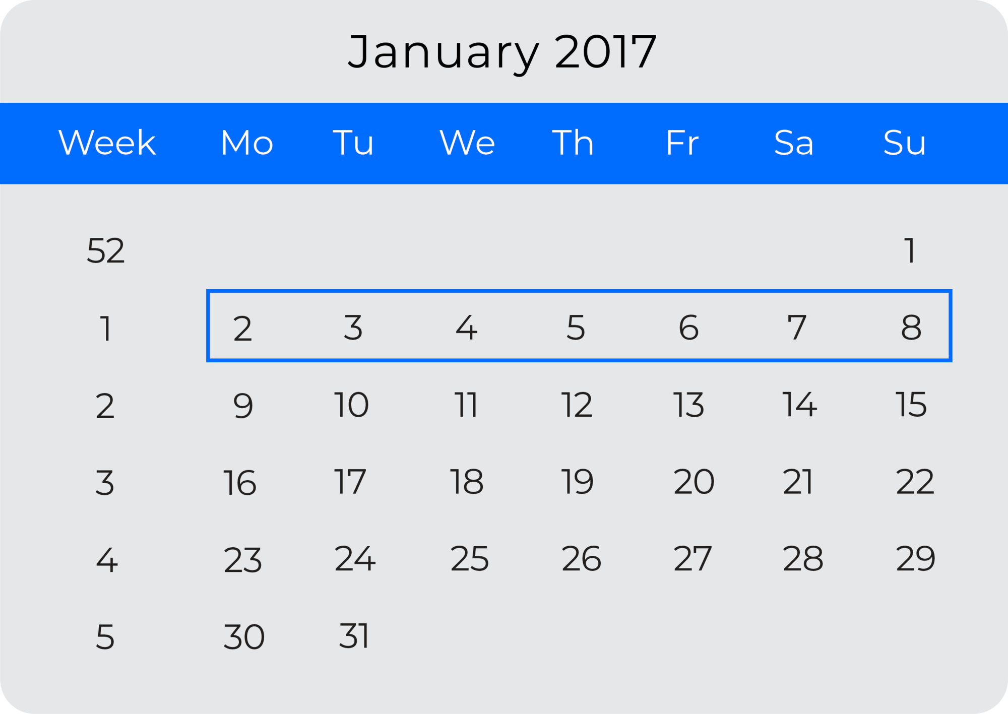 Três calendários representando diferentes DATEFIRSTs